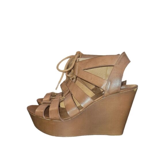 Steve Madden Limmoo Caged Wedges Faux Wooden Look Brown 9.5 - Picture 3 of 11
